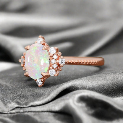 Oval Halo Opal Engagement Ring Moissanite Cluster Ring Floral Opal Ring Sunburst Ring Solid Gold Ring Vintage Anniversary Ring