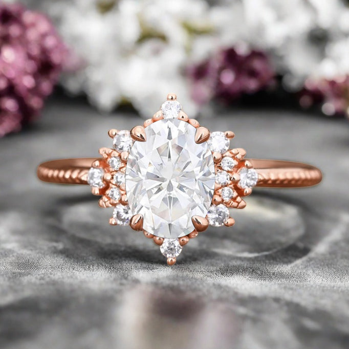 Oval Halo Moissanite Engagement Ring Moissanite Cluster Ring Floral Moissanite Ring Sunburst Ring Solid Gold Ring Vintage Anniversary Ring