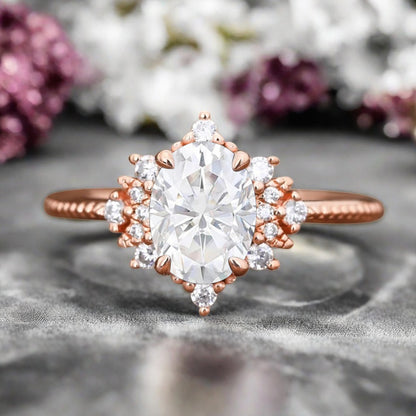 Oval Halo Moissanite Engagement Ring Moissanite Cluster Ring Floral Moissanite Ring Sunburst Ring Solid Gold Ring Vintage Anniversary Ring