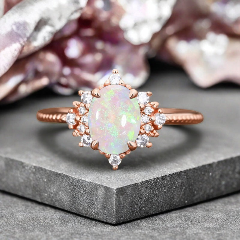 Oval Halo Opal Engagement Ring Moissanite Cluster Ring Floral Opal Ring Sunburst Ring Solid Gold Ring Vintage Anniversary Ring