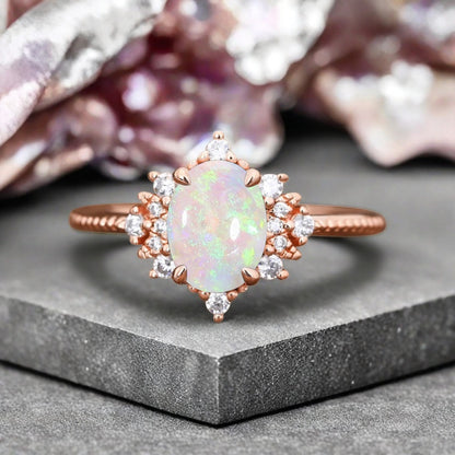 Oval Halo Opal Engagement Ring Moissanite Cluster Ring Floral Opal Ring Sunburst Ring Solid Gold Ring Vintage Anniversary Ring