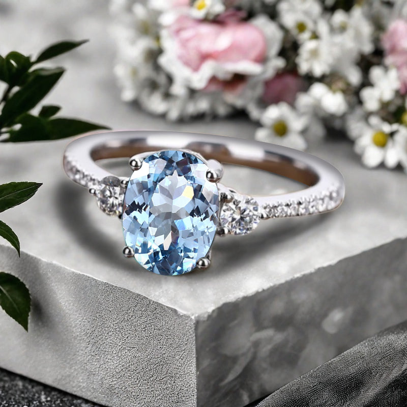 Vintage Oval Cut Aquamarine Ring Unique Aquamarine Engagement Ring Blue Aquamarine Wedding Ring Aquamarine Statement Women Ring Gift For Her