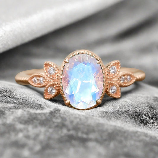 Unique Vintage Oval Cut Moonstone Ring Solid 18k Rose Gold Ring Handmade Moonstone Engagement Ring Promise Bridal Ring Anniversary Gift Ver2