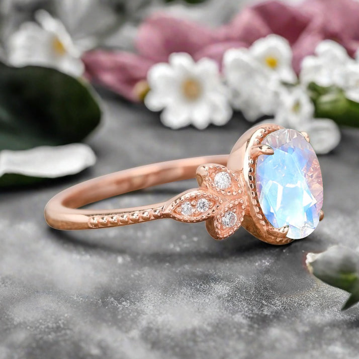 Unique Vintage Oval Cut Moonstone Ring Solid 18k Rose Gold Ring Handmade Moonstone Engagement Ring Promise Bridal Ring Anniversary Gift Ver2