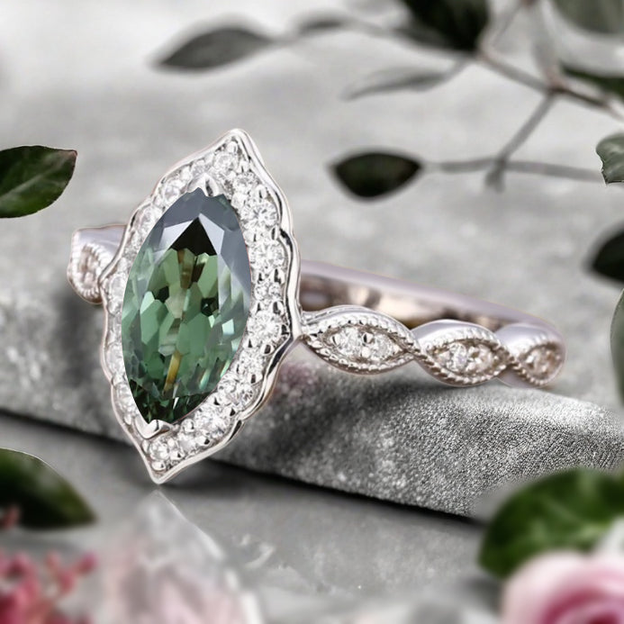 Marquise Tsavorite Engagement Ring Art Deco Tsavorite Wedding Ring Gemstone Bridal Ring 14k Gold Ring Unique Promise Anniversary Gift