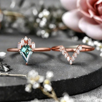 Vintage Birnenform Aquamarin Verlobungsring Set Unikat Versprechen Brautring Set Jubiläumsgeschenk