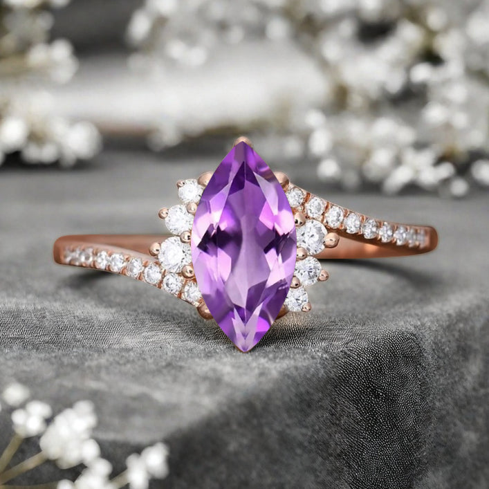 Marquise cut Amethyst Engagement ring Vintage Rose gold Art Deco Botanical Marquise Moissanite Promise Bridal Anniversary Ring for Women