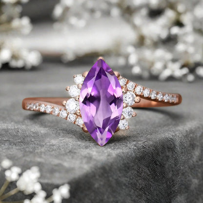Marquise cut Amethyst Engagement ring Vintage Rose gold Art Deco Botanical Marquise Moissanite Promise Bridal Anniversary Ring for Women