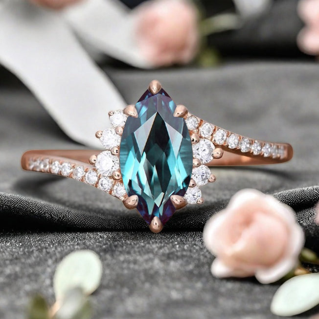 Marquise cut Alexandrite Engagement ring Vintage Rose gold Art Deco Botanical Marquise Moissanite Promise Bridal Anniversary Ring for Women