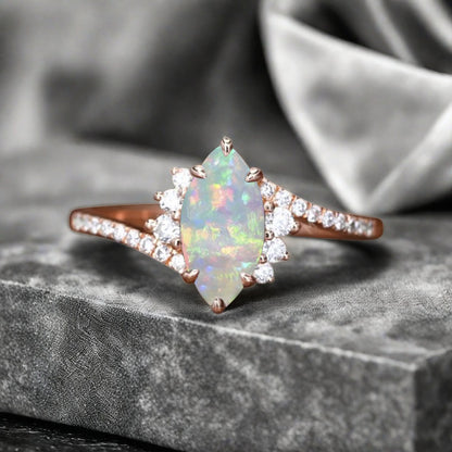 Marquise cut Opal Engagement ring Vintage Rose gold Art Deco Botanical Marquise Moissanite Promise Bridal Anniversary Ring for Women