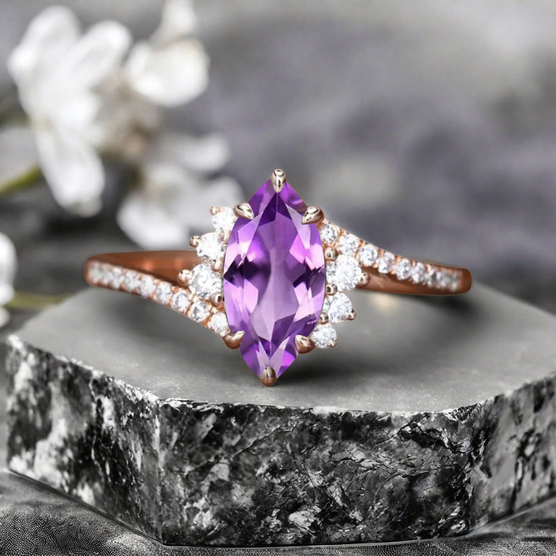 Marquise cut Amethyst Engagement ring Vintage Rose gold Art Deco Botanical Marquise Moissanite Promise Bridal Anniversary Ring for Women
