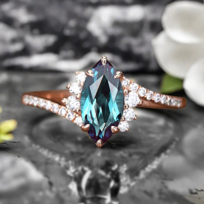 Marquise cut Alexandrite Engagement ring Vintage Rose gold Art Deco Botanical Marquise Moissanite Promise Bridal Anniversary Ring for Women