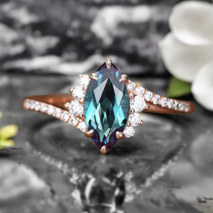 Marquise cut Alexandrite Engagement ring Vintage Rose gold Art Deco Botanical Marquise Moissanite Promise Bridal Anniversary Ring for Women