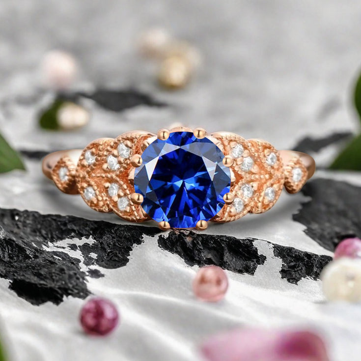 Round Cut Blue Topaz Engagement Ring Leaf Marquise Moissanite Vintage Blue Topaz Wedding Floral Ring Promise Anniversary Gift