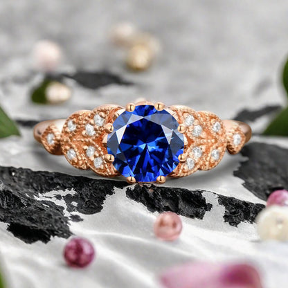 Round Cut Blue Topaz Engagement Ring Leaf Marquise Moissanite Vintage Blue Topaz Wedding Floral Ring Promise Anniversary Gift