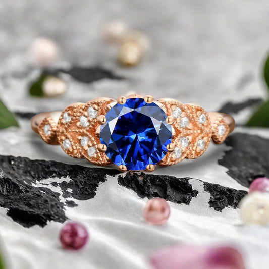 Round Cut Blue Topaz Engagement Ring Leaf Marquise Moissanite Vintage Blue Topaz Wedding Floral Ring Promise Anniversary Gift