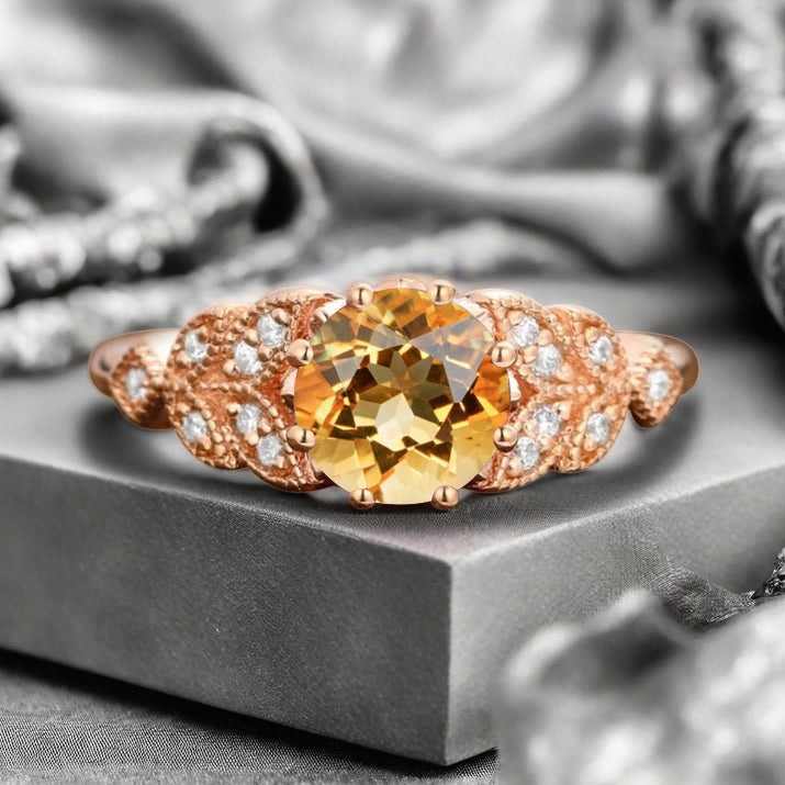 Round Cut Citrine Engagement Ring Leaf Marquise Moissanite Vintage Citrine Wedding Floral Ring Promise Anniversary Gift