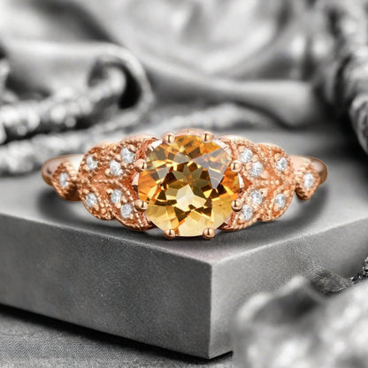 Round Cut Citrine Engagement Ring Leaf Marquise Moissanite Vintage Citrine Wedding Floral Ring Promise Anniversary Gift