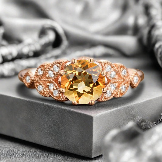Round Cut Citrine Engagement Ring Leaf Marquise Moissanite Vintage Citrine Wedding Floral Ring Promise Anniversary Gift