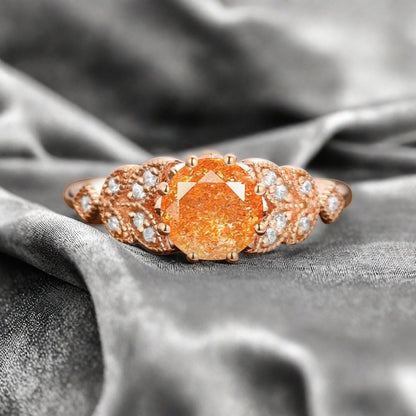 Round Cut Sunstone Engagement Ring Leaf Marquise Moissanite Vintage Sunstone Wedding Floral Ring Promise Anniversary Gift