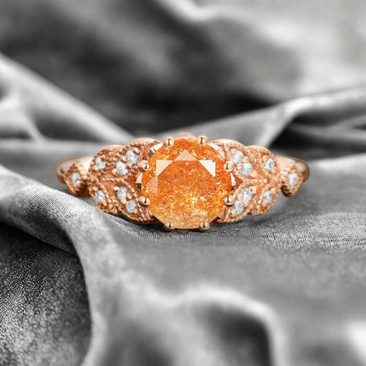 Round Cut Sunstone Engagement Ring Leaf Marquise Moissanite Vintage Sunstone Wedding Floral Ring Promise Anniversary Gift