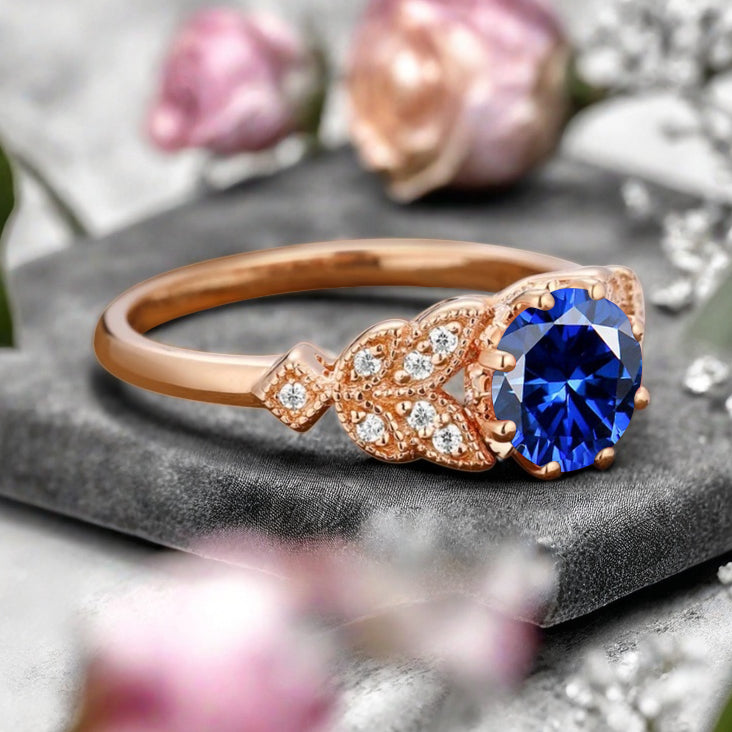 Round Cut Blue Topaz Engagement Ring Leaf Marquise Moissanite Vintage Blue Topaz Wedding Floral Ring Promise Anniversary Gift