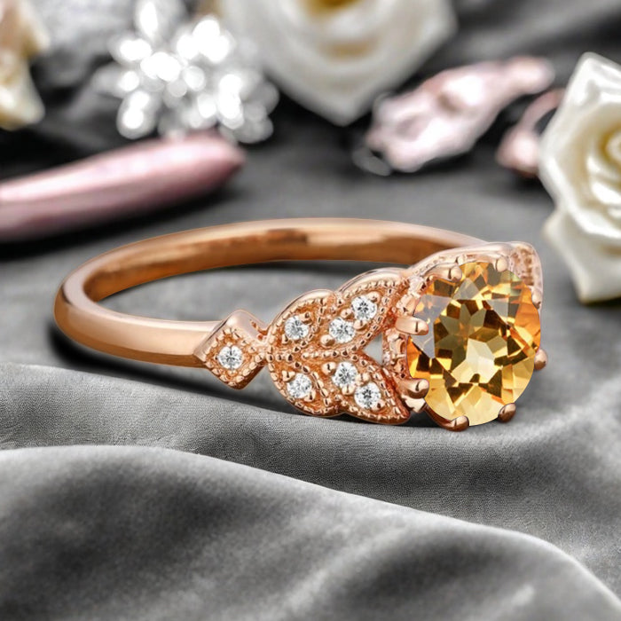 Round Cut Citrine Engagement Ring Leaf Marquise Moissanite Vintage Citrine Wedding Floral Ring Promise Anniversary Gift