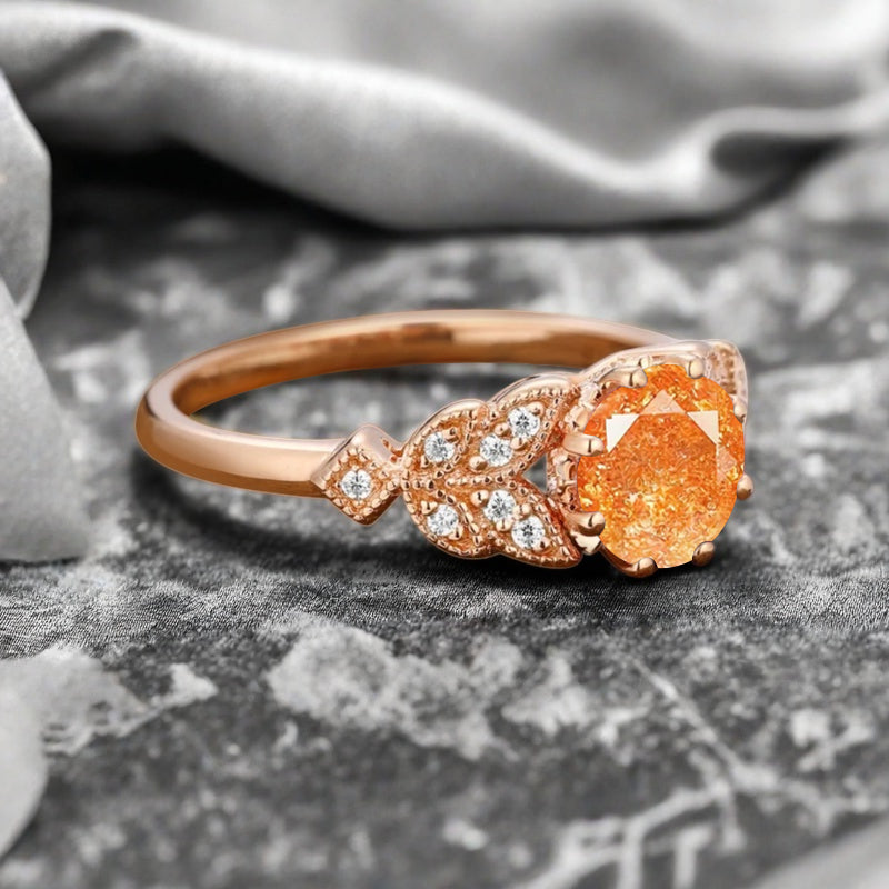 Round Cut Sunstone Engagement Ring Leaf Marquise Moissanite Vintage Sunstone Wedding Floral Ring Promise Anniversary Gift