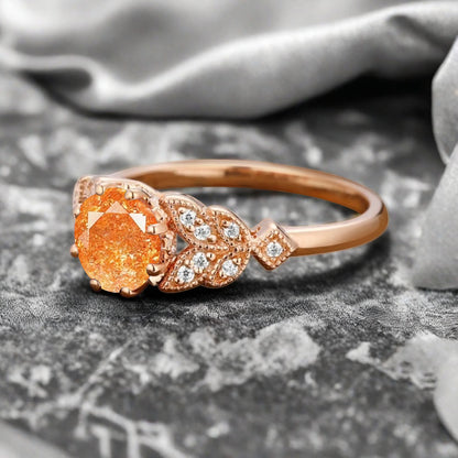 Round Cut Sunstone Engagement Ring Leaf Marquise Moissanite Vintage Sunstone Wedding Floral Ring Promise Anniversary Gift
