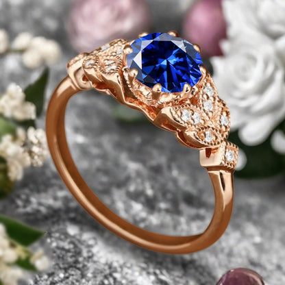 Round Cut Blue Topaz Engagement Ring Leaf Marquise Moissanite Vintage Blue Topaz Wedding Floral Ring Promise Anniversary Gift