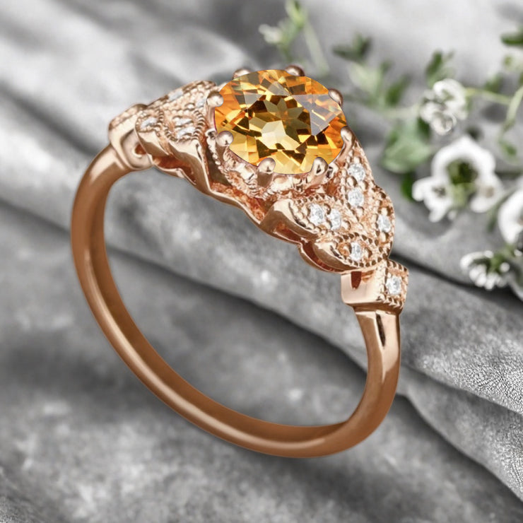 Round Cut Citrine Engagement Ring Leaf Marquise Moissanite Vintage Citrine Wedding Floral Ring Promise Anniversary Gift
