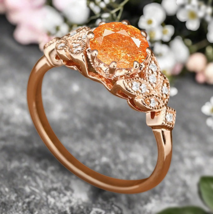 Round Cut Sunstone Engagement Ring Leaf Marquise Moissanite Vintage Sunstone Wedding Floral Ring Promise Anniversary Gift