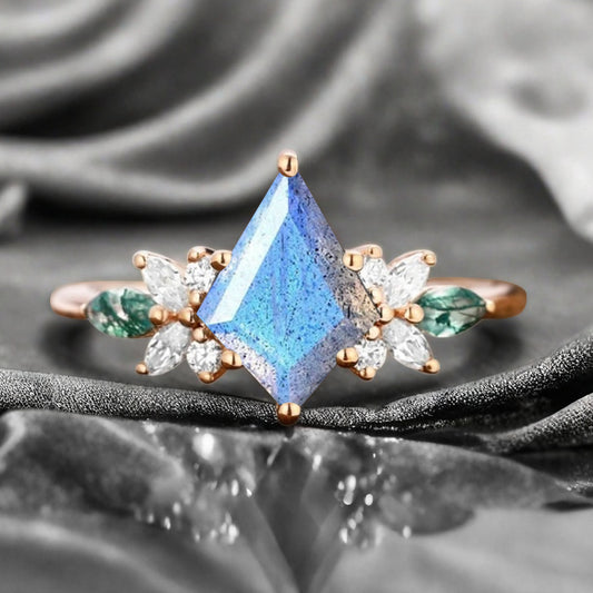 Vintage Kite Cut Blue-White Labradorite Engagement Ring 10k Rose Gold Butterfly Shape Moissanite Women Unique Bridal Wedding Ring