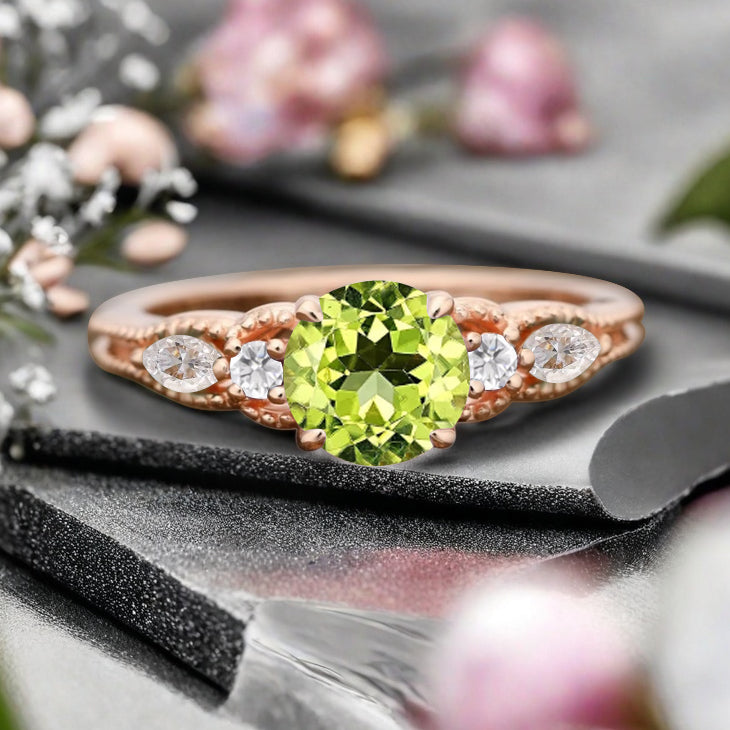 Round Cut Peridot Engagement Ring Marquise Moissanite Sidestones Vintage Promise Anniversary Gift