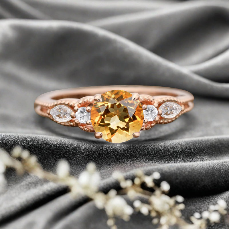 Round Cut Citrine Engagement Ring Marquise Moissanite Sidestones Vintage Promise Anniversary Gift