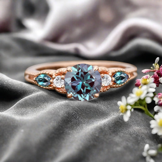 Round Cut Aquamarine Engagement Ring Marquise Moissanite Sidestones Vintage Promise Anniversary Gift