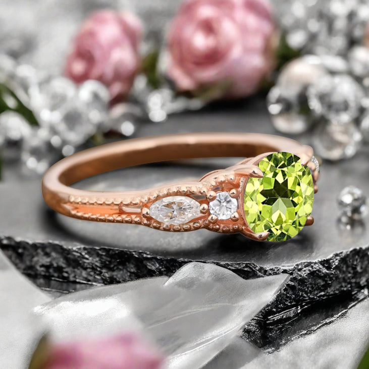Round Cut Peridot Engagement Ring Marquise Moissanite Sidestones Vintage Promise Anniversary Gift