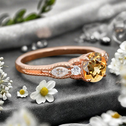 Round Cut Citrine Engagement Ring Marquise Moissanite Sidestones Vintage Promise Anniversary Gift