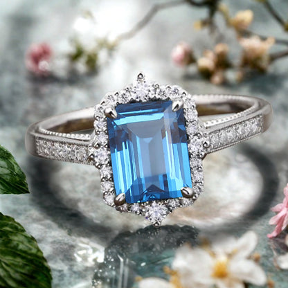 Vintage Birnenform Aquamarin Verlobungsring Set Unikat Versprechen Brautring Set Jubiläumsgeschenk