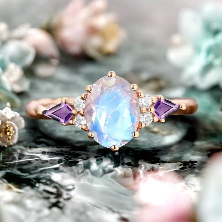Vintage Moonstone Engagement Ring 18K Rose Gold Oval Cut Natural Amethyst Wedding Promise Ring Handmade Ring Anniversary Rings For Women Ver.2