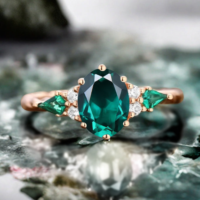 Vintage Emerald Engagement Ring 18K Rose Gold Oval Cut Natural Emerald Wedding Promise Ring Handmade Ring Anniversary Rings For Women Ver.2