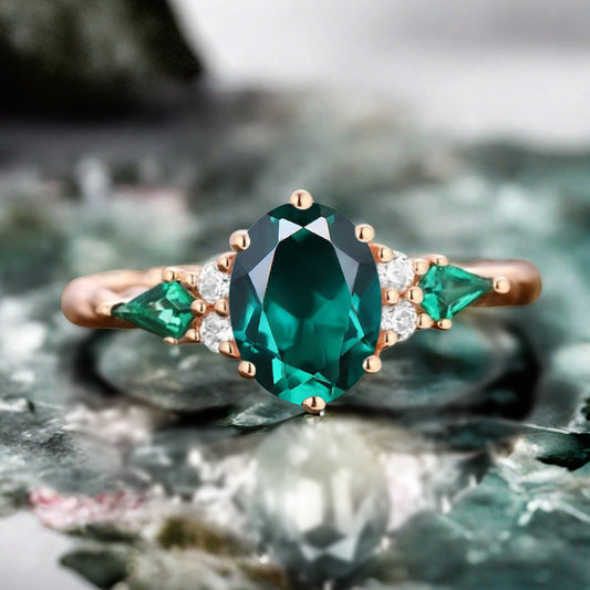 Vintage Emerald Engagement Ring 18K Rose Gold Oval Cut Natural Emerald Wedding Promise Ring Handmade Ring Anniversary Rings For Women Ver.2