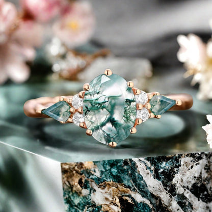 Vintage Moss Agate Engagement Ring 18K Rose Gold Oval Cut Natural Moss Agate Wedding Promise Ring Handmade Ring Anniversary Rings For Women Ver.2
