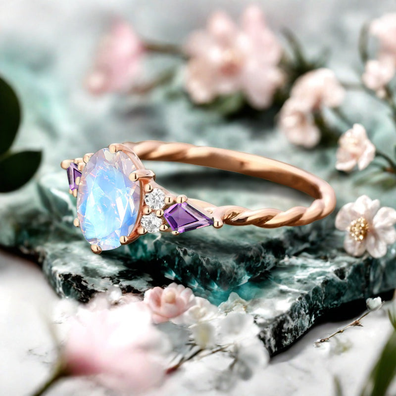 Vintage Moonstone Engagement Ring 18K Rose Gold Oval Cut Natural Amethyst Wedding Promise Ring Handmade Ring Anniversary Rings For Women Ver.2