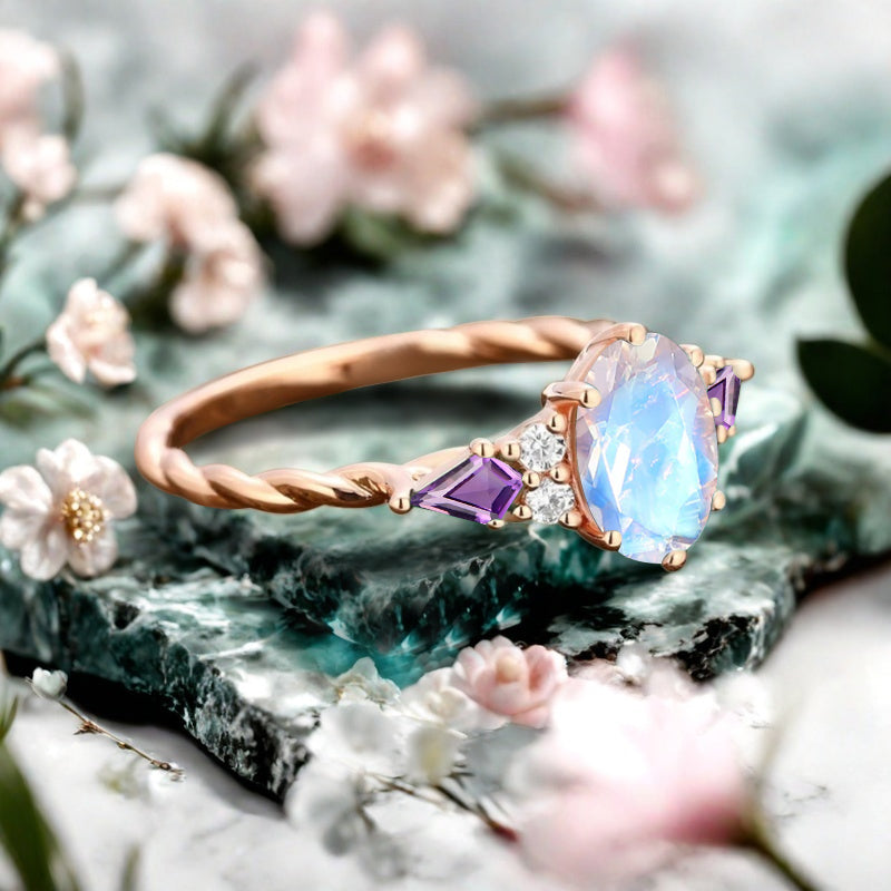 Vintage Moonstone Engagement Ring 18K Rose Gold Oval Cut Natural Amethyst Wedding Promise Ring Handmade Ring Anniversary Rings For Women Ver.2