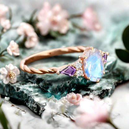 Vintage Moonstone Engagement Ring 18K Rose Gold Oval Cut Natural Amethyst Wedding Promise Ring Handmade Ring Anniversary Rings For Women Ver.2