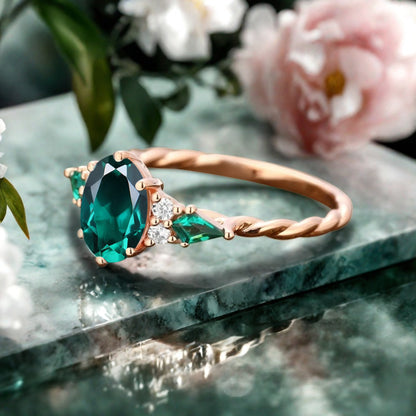 Vintage Emerald Engagement Ring 18K Rose Gold Oval Cut Natural Emerald Wedding Promise Ring Handmade Ring Anniversary Rings For Women Ver.2