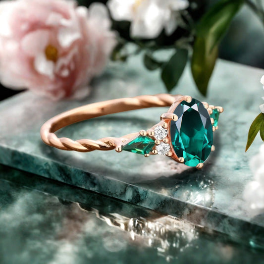 Vintage Emerald Engagement Ring 18K Rose Gold Oval Cut Natural Emerald Wedding Promise Ring Handmade Ring Anniversary Rings For Women Ver.2