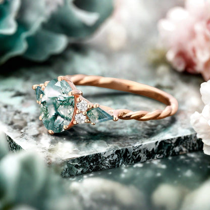 Vintage Moss Agate Engagement Ring 18K Rose Gold Oval Cut Natural Moss Agate Wedding Promise Ring Handmade Ring Anniversary Rings For Women Ver.2