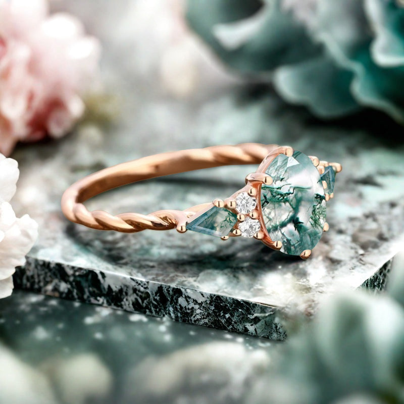 Vintage Moss Agate Engagement Ring 18K Rose Gold Oval Cut Natural Moss Agate Wedding Promise Ring Handmade Ring Anniversary Rings For Women Ver.2
